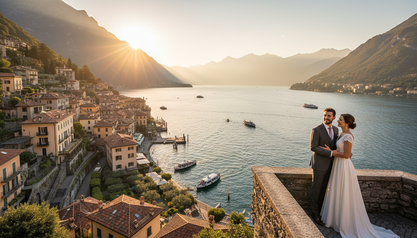 Bellagio Lake Como waterfront at golden hour with stepped streets and lakeside promenade