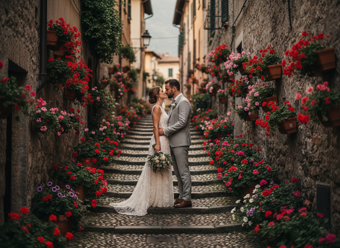 La Scalinata di Bellagio stepped street with warm side-light and flowering balconies