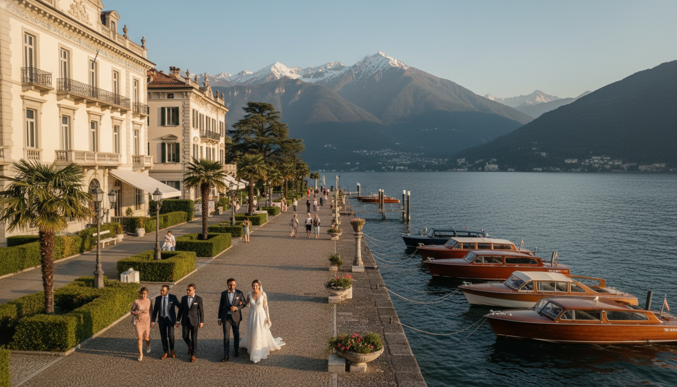 Cernobbio waterfront promenade with Lake Como and luxury hotels
