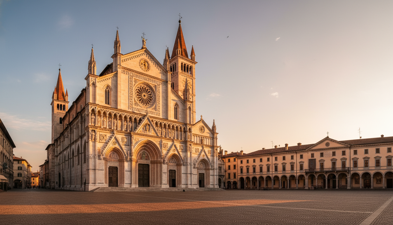 Como city Duomo cathedral and Piazza Duomo at golden hour