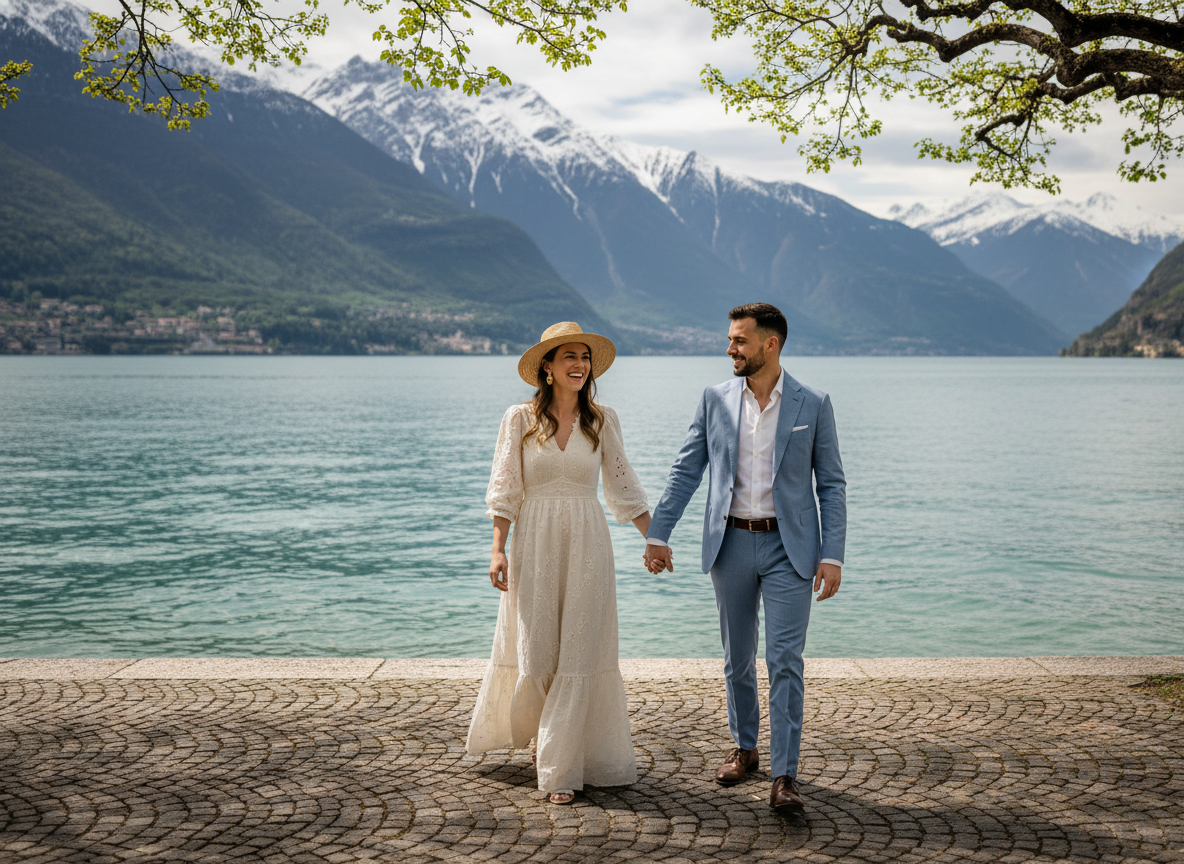 Como city lakefront promenade with mountains and lake view for wedding photography