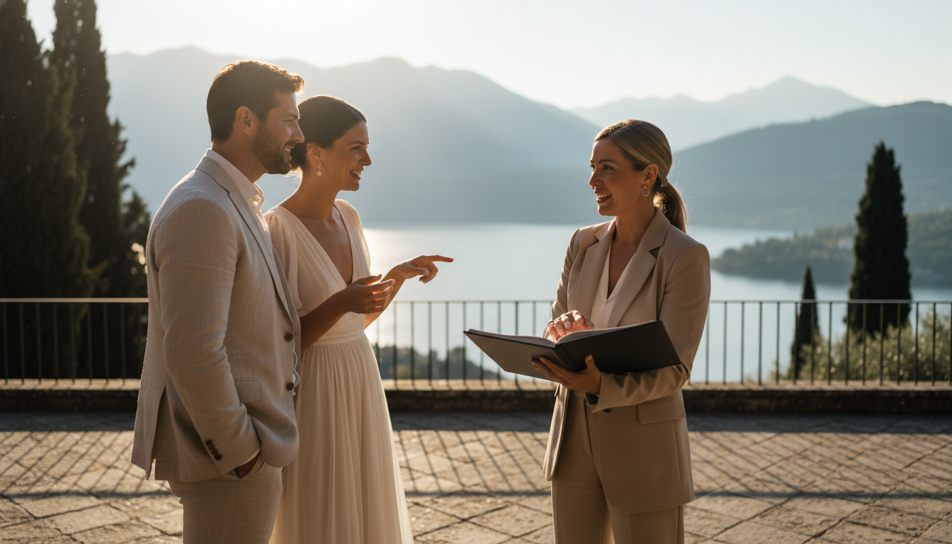 Couple visiting a Lake Como wedding venue terrace during a site inspection