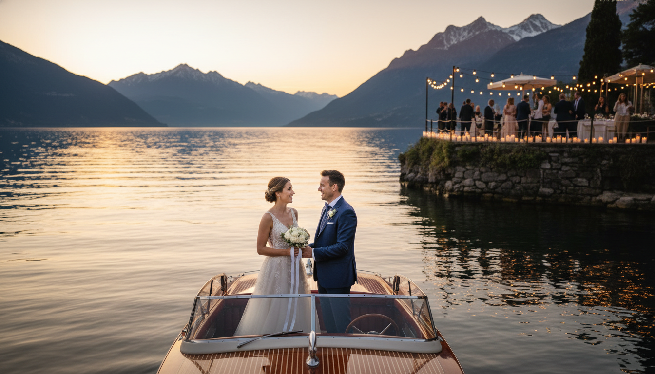 Couple exchanging vows on a vintage wooden boat on Lake Como with mountain backdrop