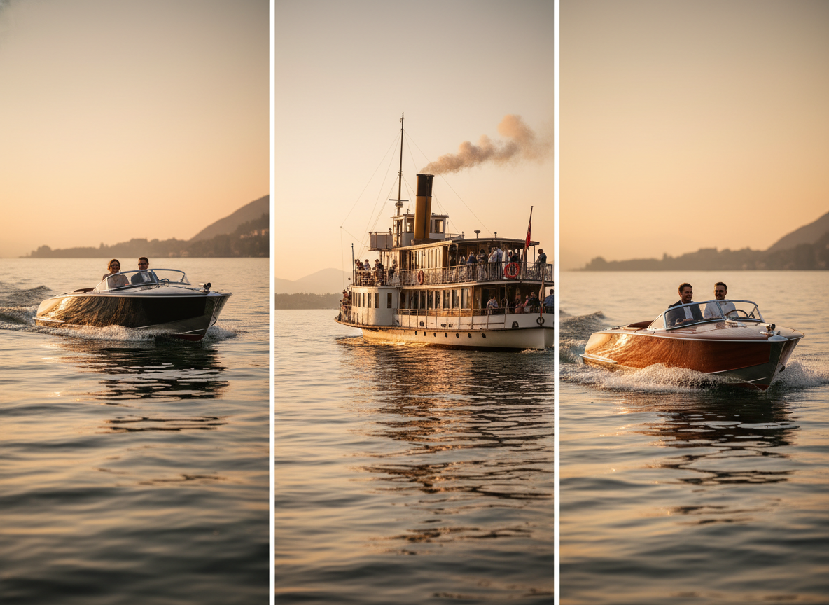 Three types of Lake Como wedding boats: water taxi, historic battello, vintage motorboat