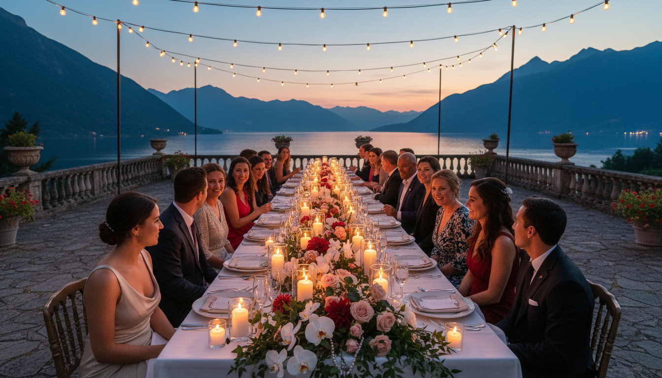 Intimate Lake Como wedding dinner for 20 guests at a single long table on a private villa terrace