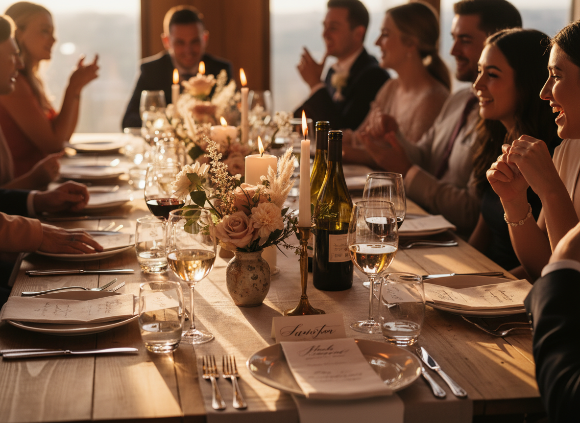 Single long table set for an intimate Lake Como wedding with personalized place settings and candlelight