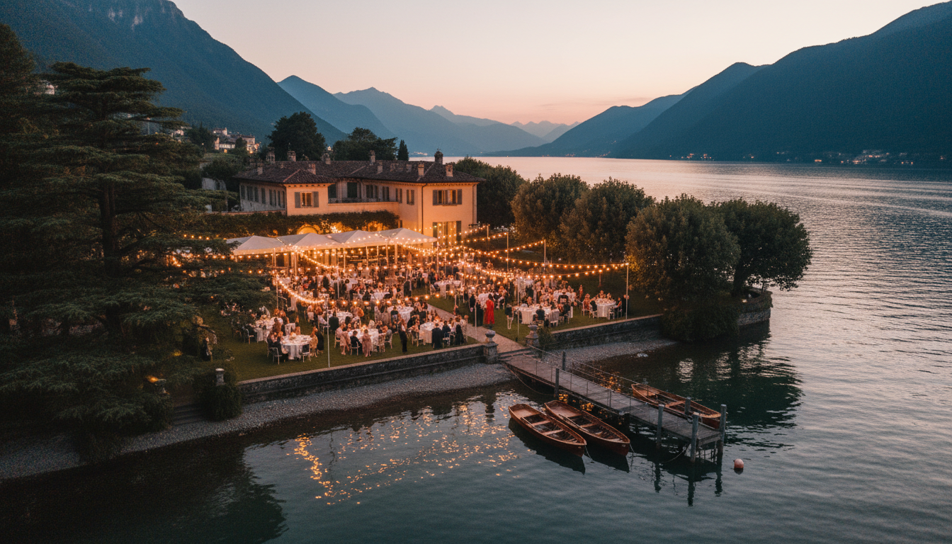 Ultra-luxury Lake Como private villa with exclusive garden reception setup at sunset