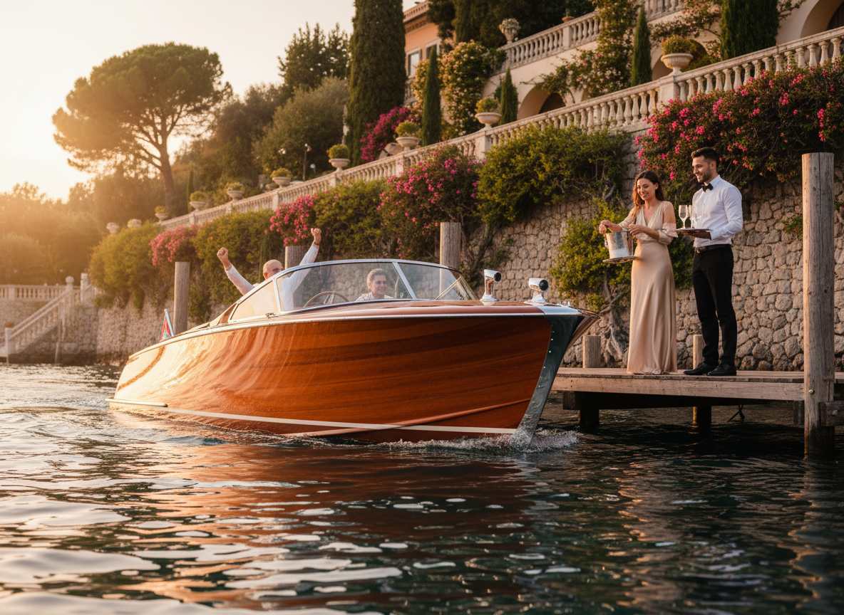 Private boat dock at a luxury Lake Como wedding venue with guests arriving by wooden boat