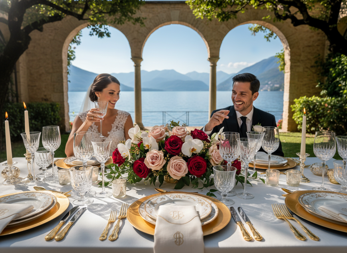 Luxury Lake Como wedding reception table setting with floral centerpiece and lake view