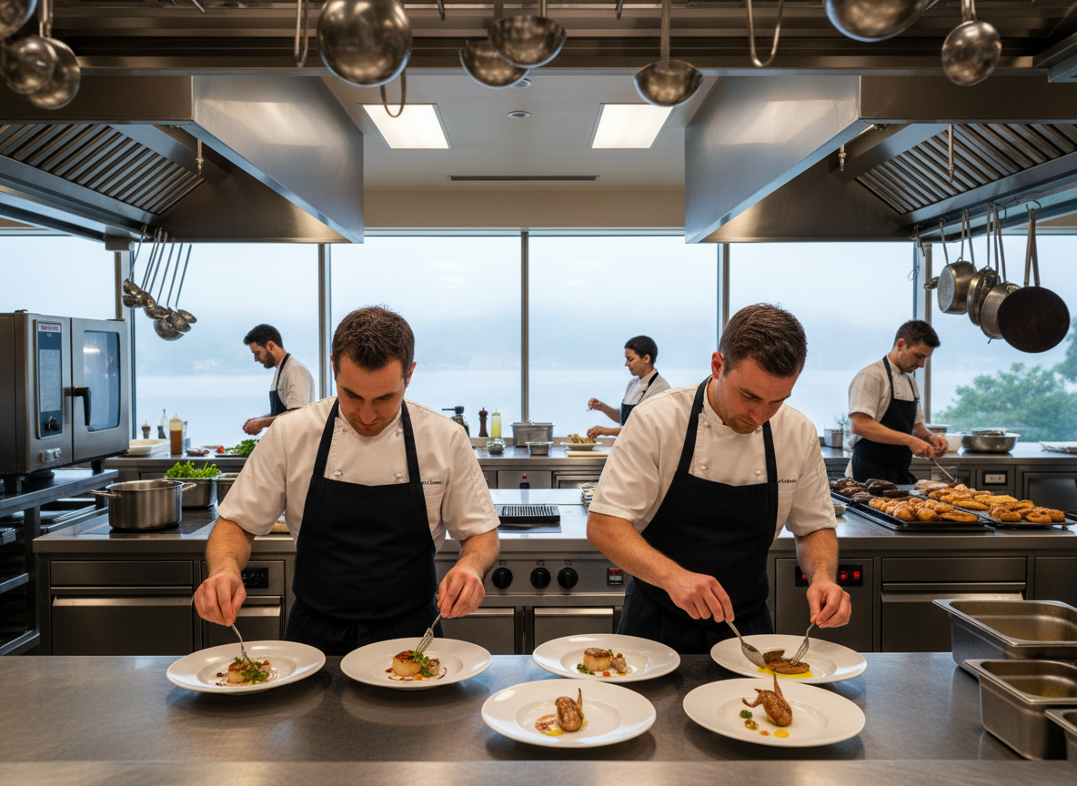 Professional kitchen inside a Lake Como luxury wedding villa during service preparation