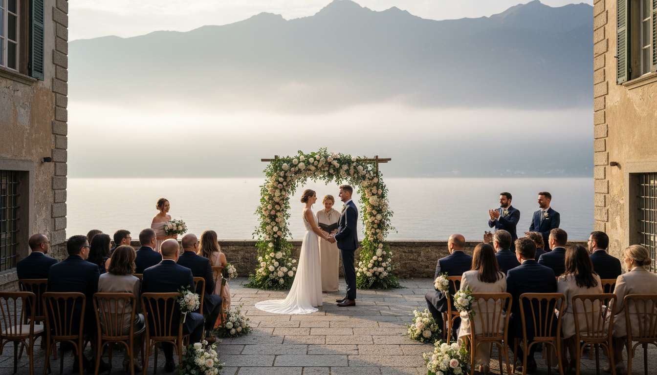 Outdoor Lake Como wedding ceremony on a lakeside terrace at golden hour with mountain backdrop