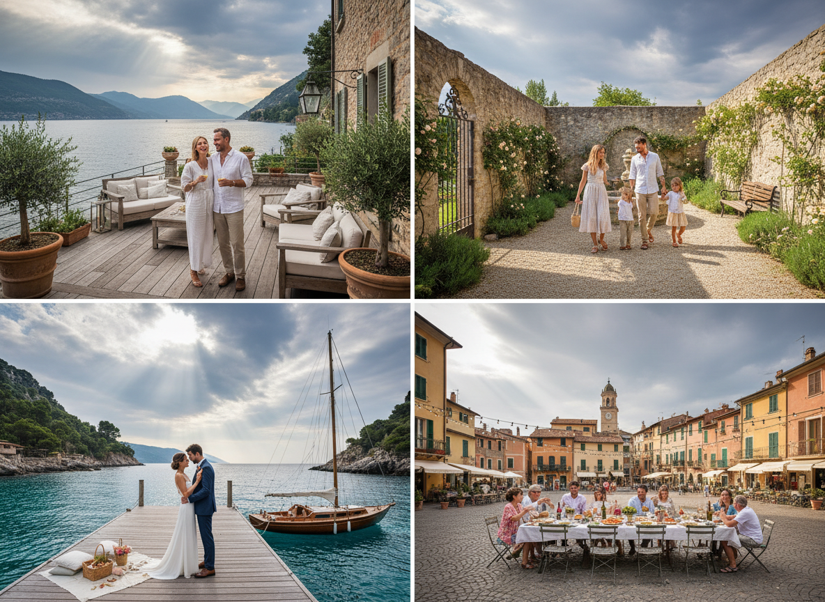 Four types of outdoor Lake Como ceremony settings: terrace, garden, dock, and piazza