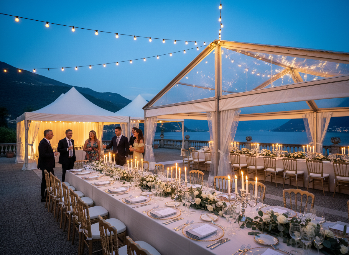 Wedding marquee tent set up as Plan B at a Lake Como outdoor venue with lake views preserved
