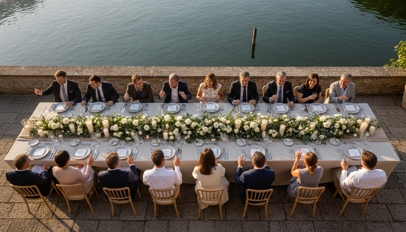 Intimate Lake Como wedding dinner for 30 guests on a boutique hotel terrace overlooking the lake