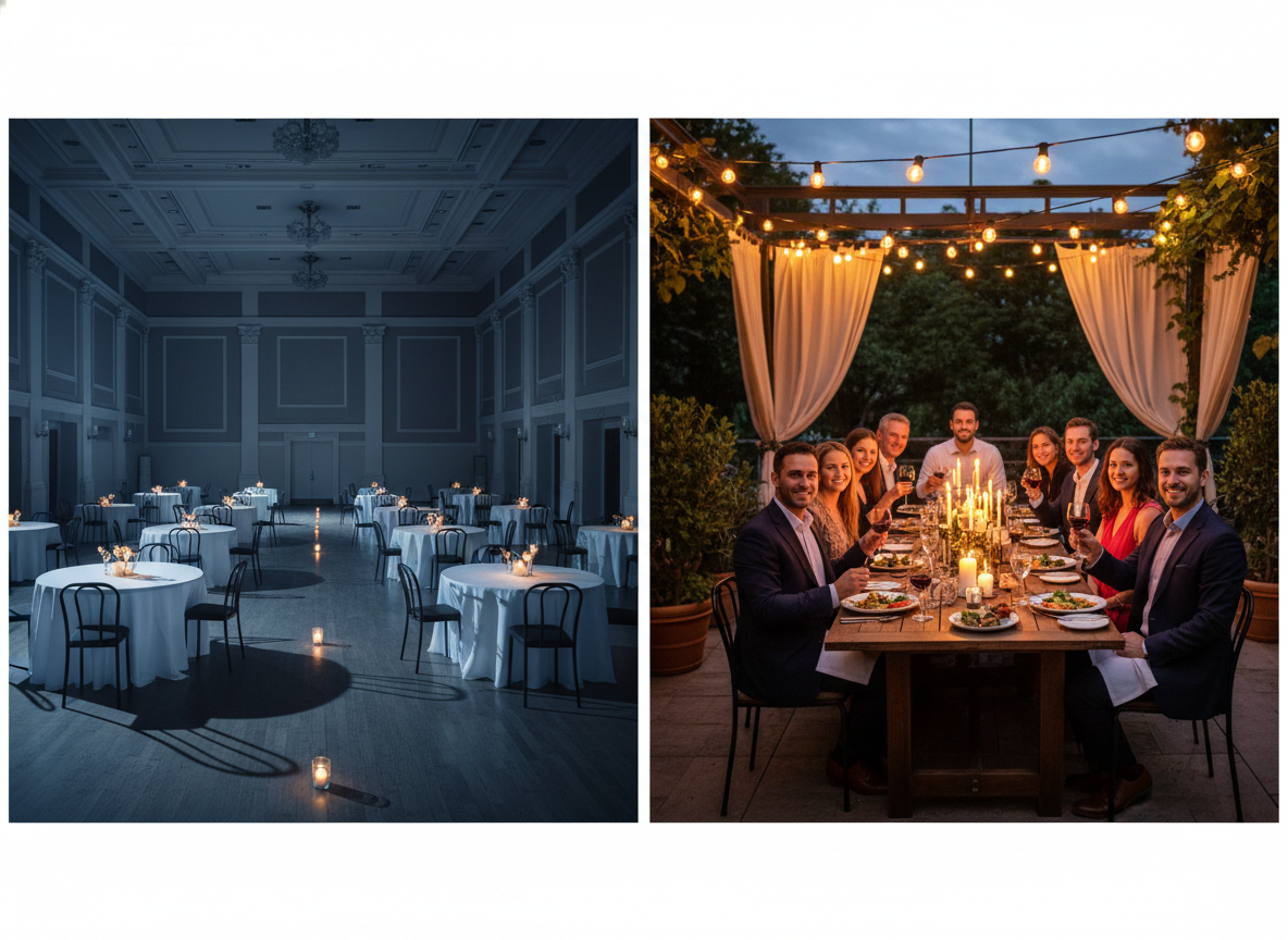 Comparison of a small wedding group in a large ballroom versus a perfectly sized intimate terrace