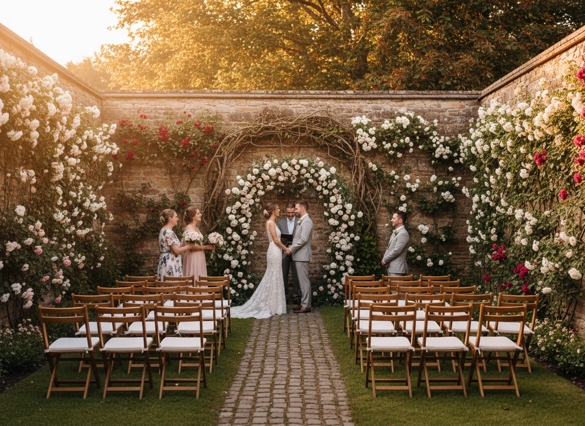 Small wedding ceremony in an enclosed garden courtyard on Lake Como with stone walls and climbing roses