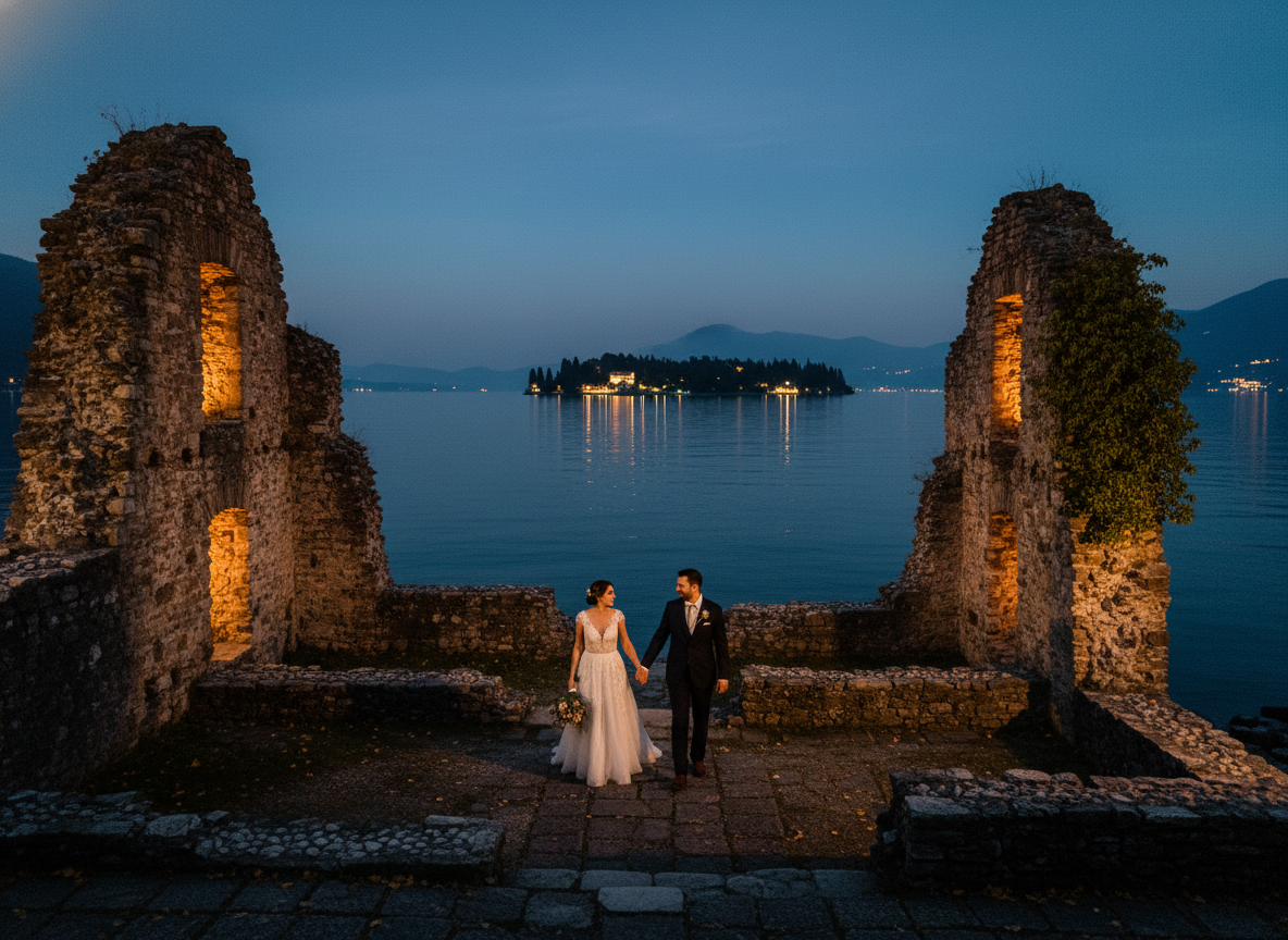 Isola Comacina ruins with Lake Como and Villa del Balbianello visible in the background