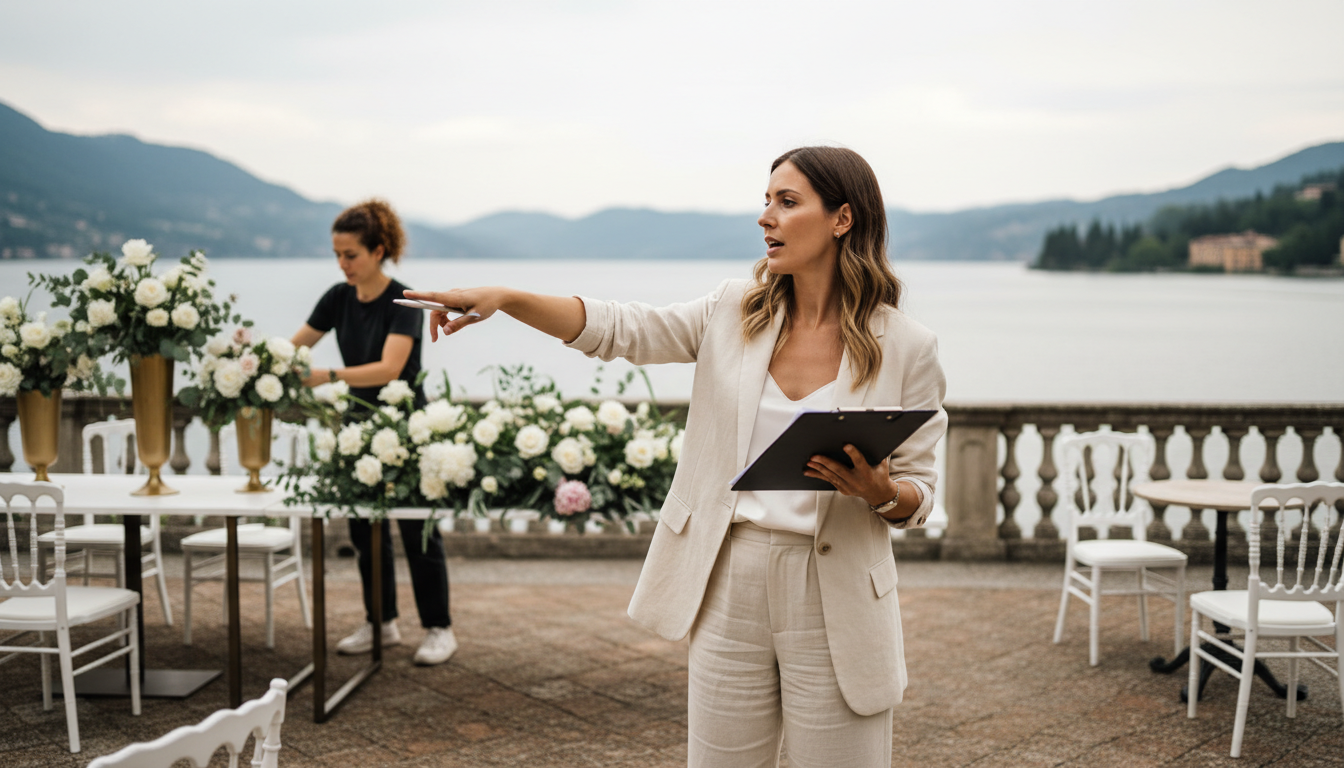 Alessandra Ferretti KissMe Como wedding planner coordinating a Lake Como wedding setup