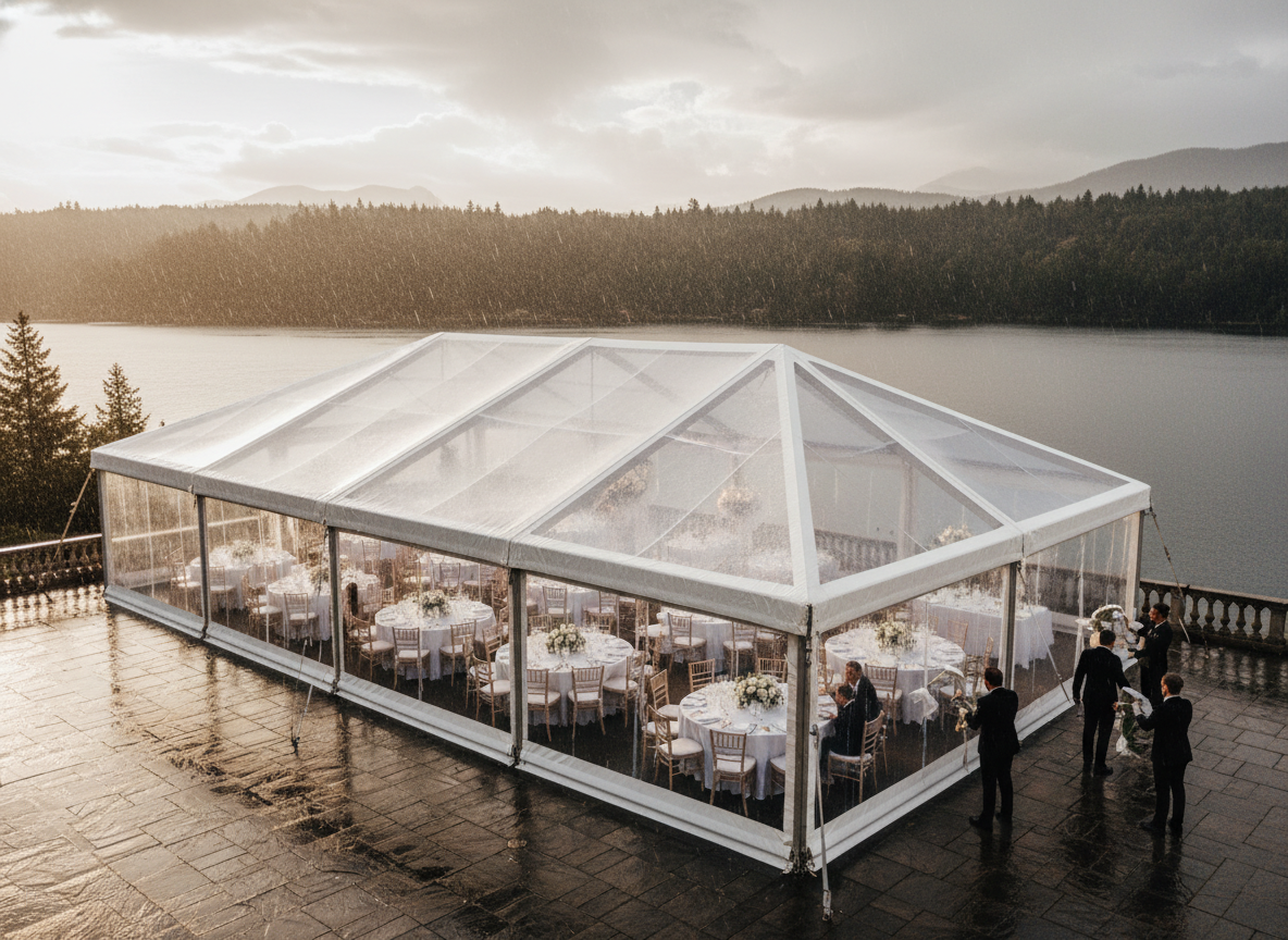 Rainy weather at a Lake Como outdoor wedding with Plan B tent seamlessly deployed
