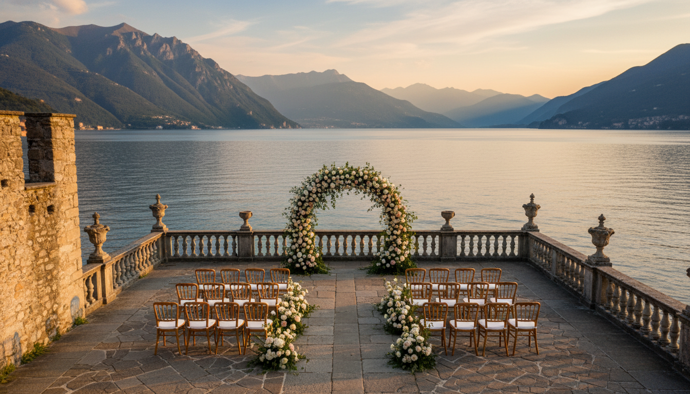 Lake Como wedding venue terrace overlooking the lake at golden hour with floral ceremony arch