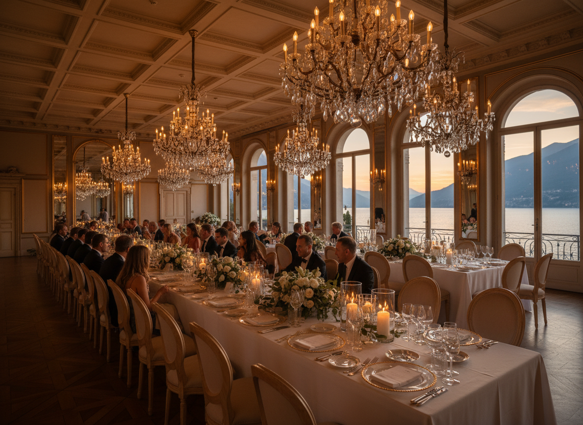 Grand hotel ballroom set for a Lake Como wedding reception with lake views through arched windows