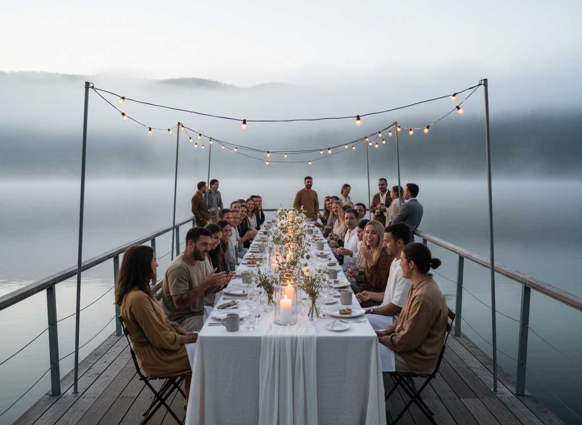 Lakeside restaurant terrace on Lake Como set for an intimate wedding dinner