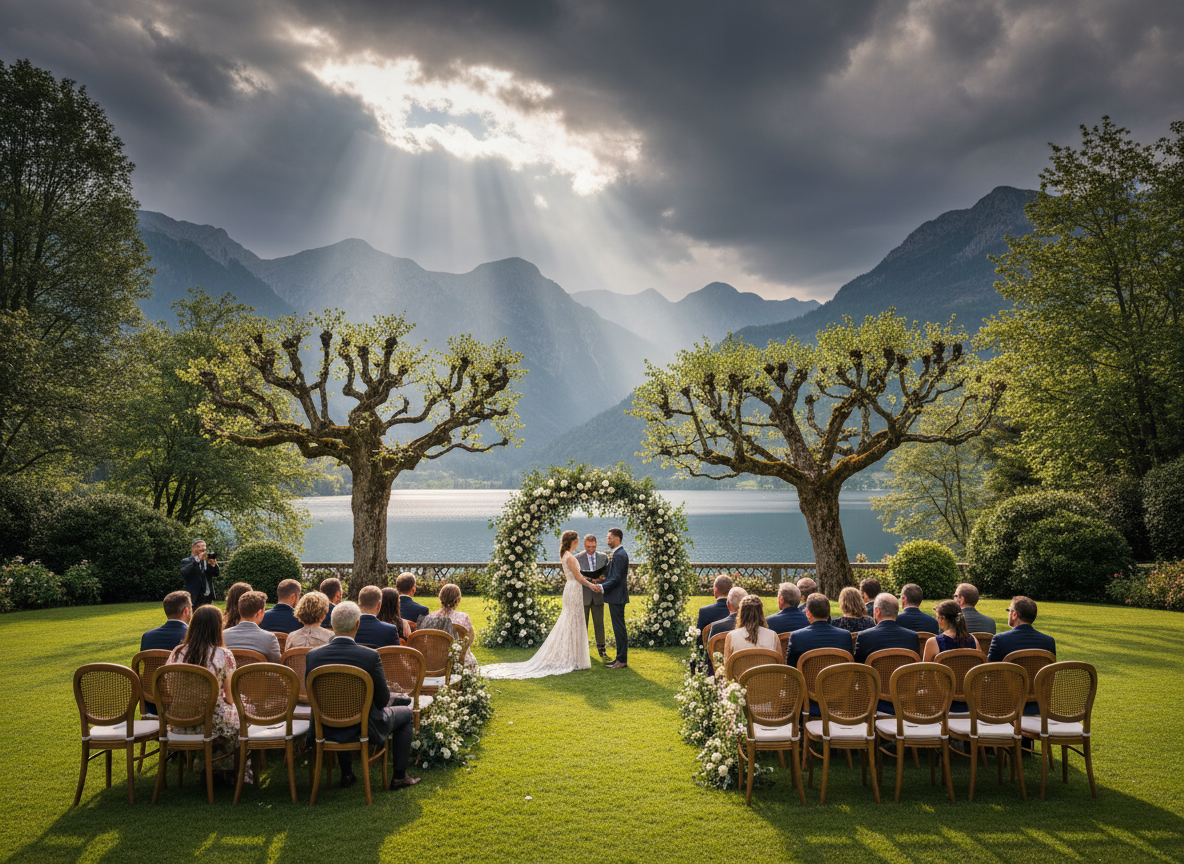Outdoor garden ceremony at a Lake Como wedding venue with lake backdrop and mountain views