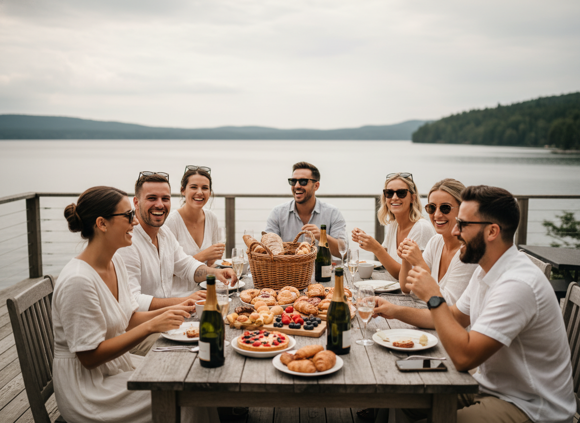 Wedding guests enjoying a morning-after brunch on a villa terrace at Lake Como