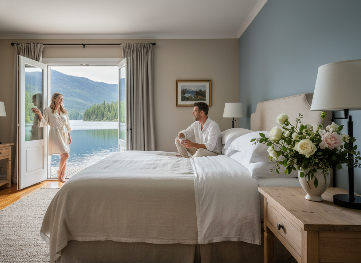 Guest suite interior at a luxury Lake Como wedding villa with lake view from the window