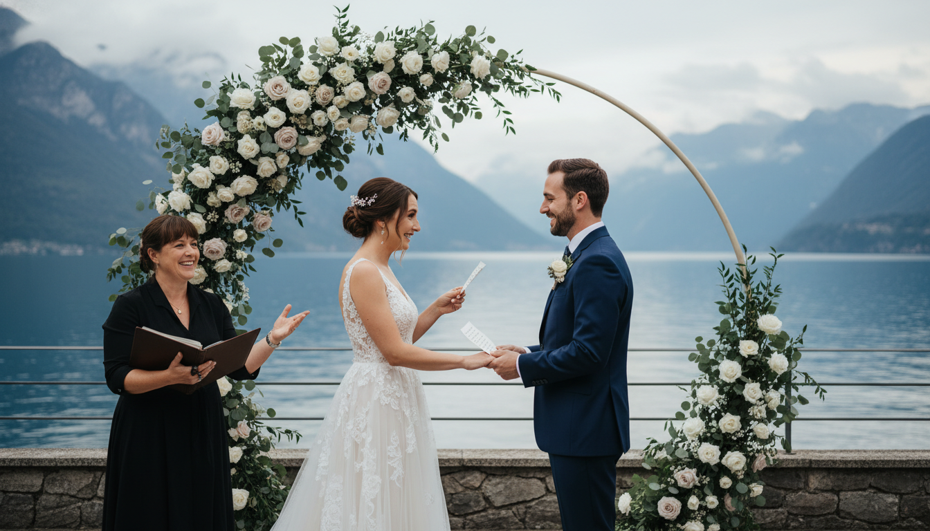Symbolic wedding ceremony on a Lake Como villa terrace with personalized vows
