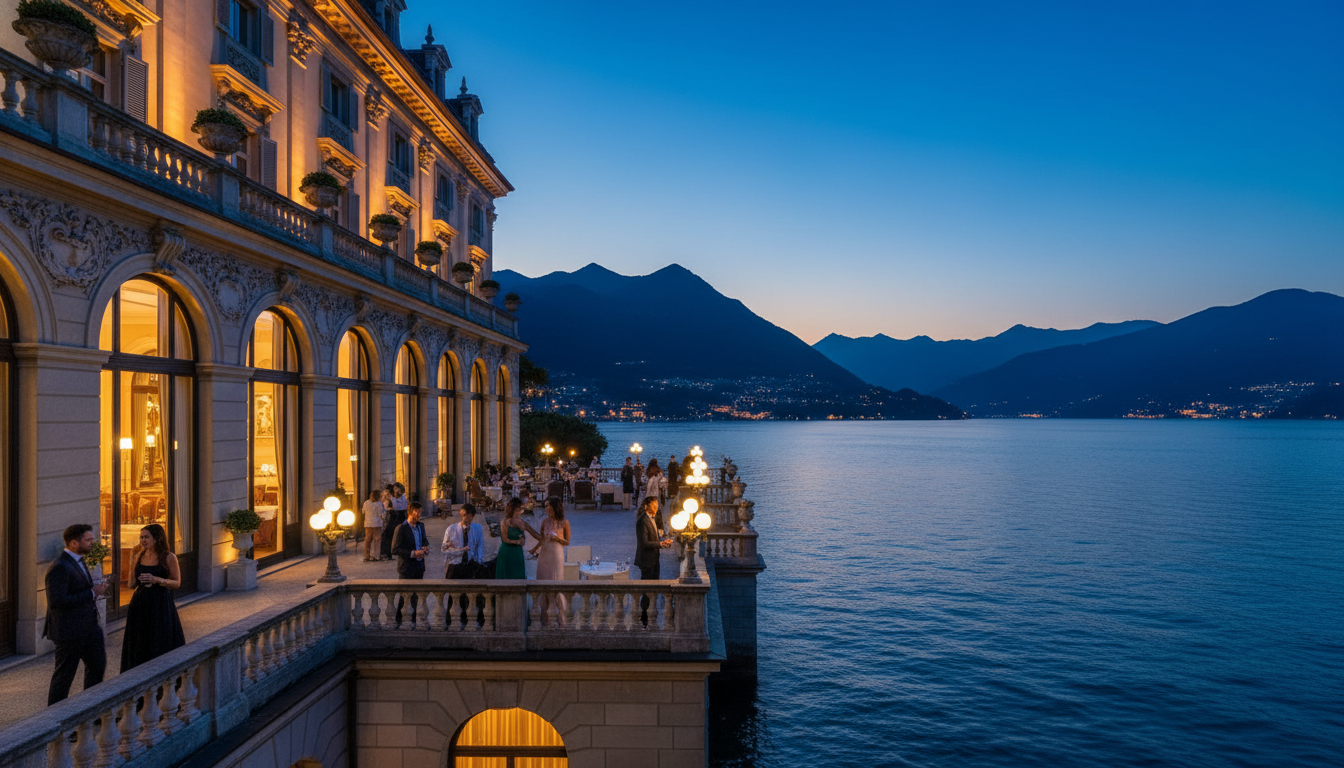 Grand Hotel Tremezzo and Lake Como waterfront at golden hour with Bellagio visible across the lake