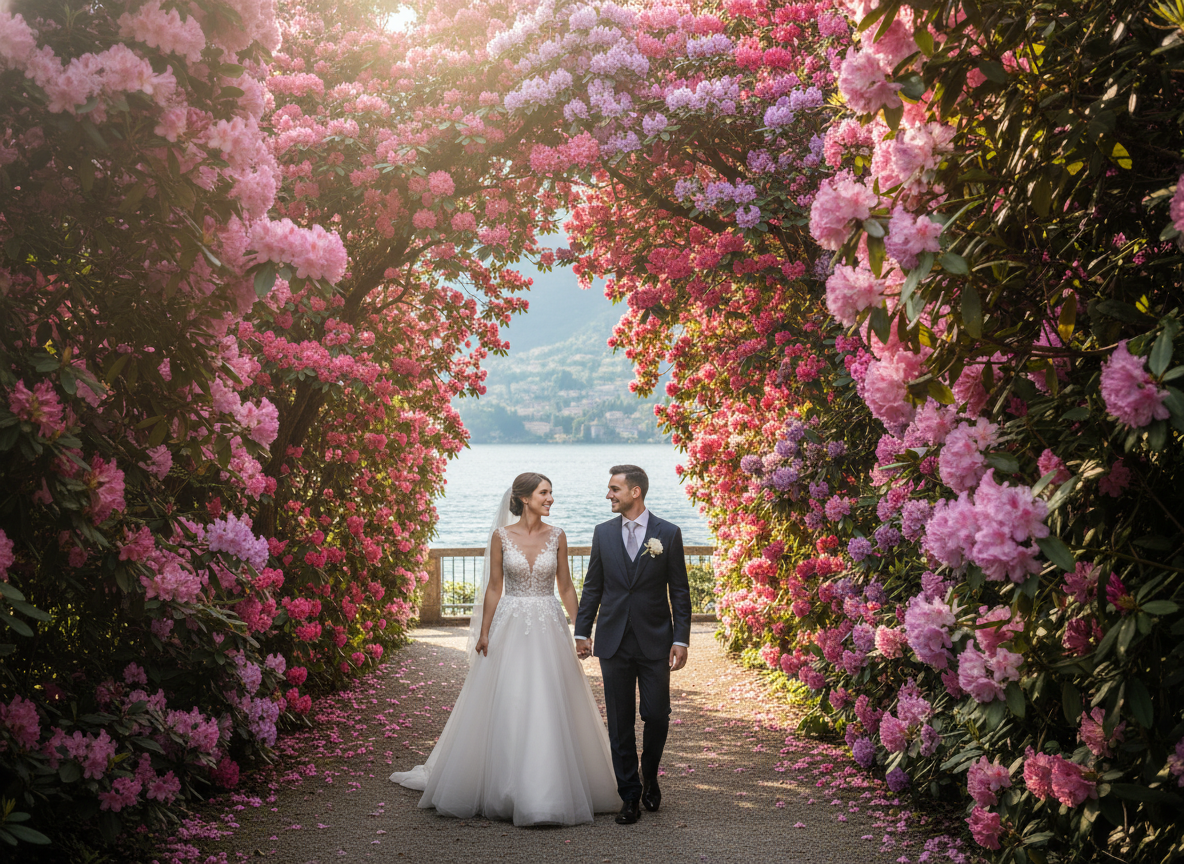 Villa Carlotta rhododendron gardens in full bloom with Lake Como in the background