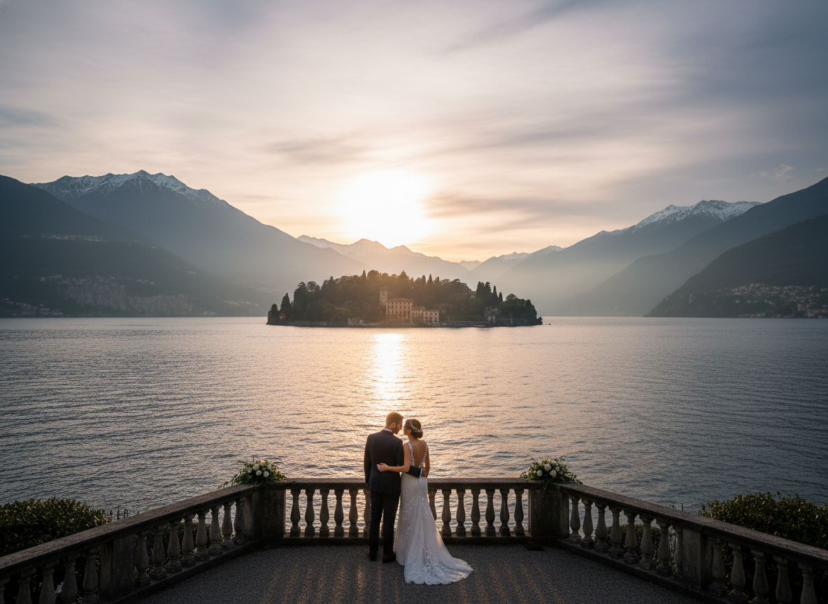 View from Tremezzo across Lake Como toward Bellagio at sunset with warm golden light