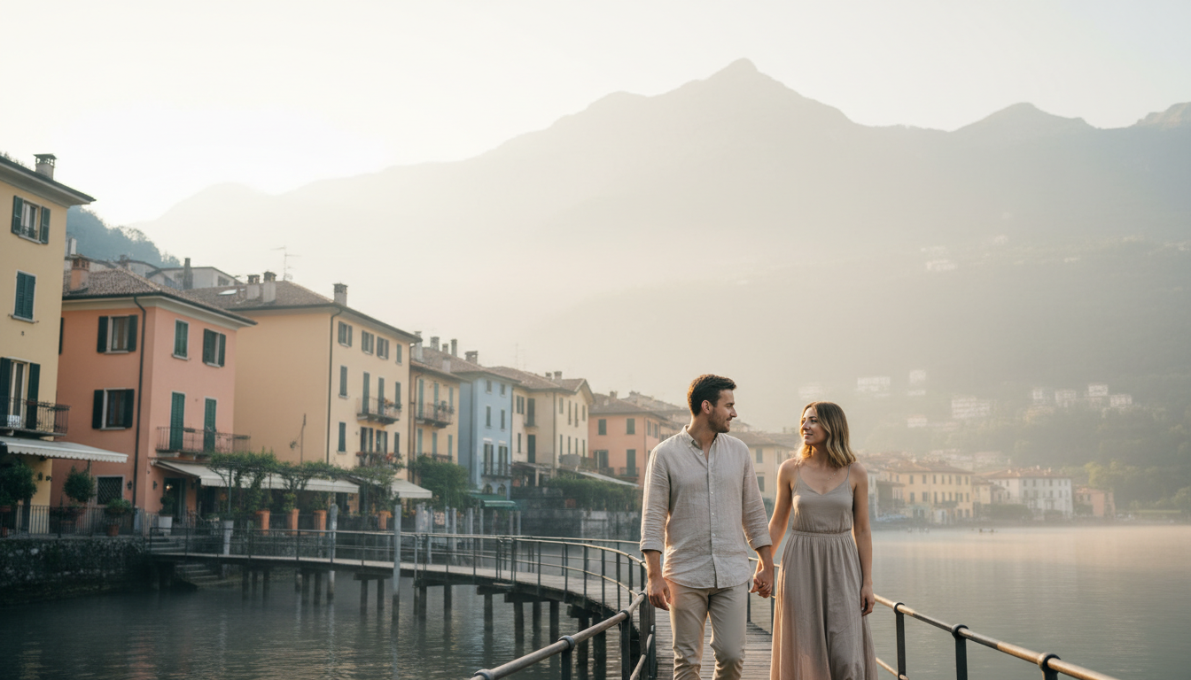 Varenna Lake Como waterfront with pastel buildings and lakeside passarella walkway