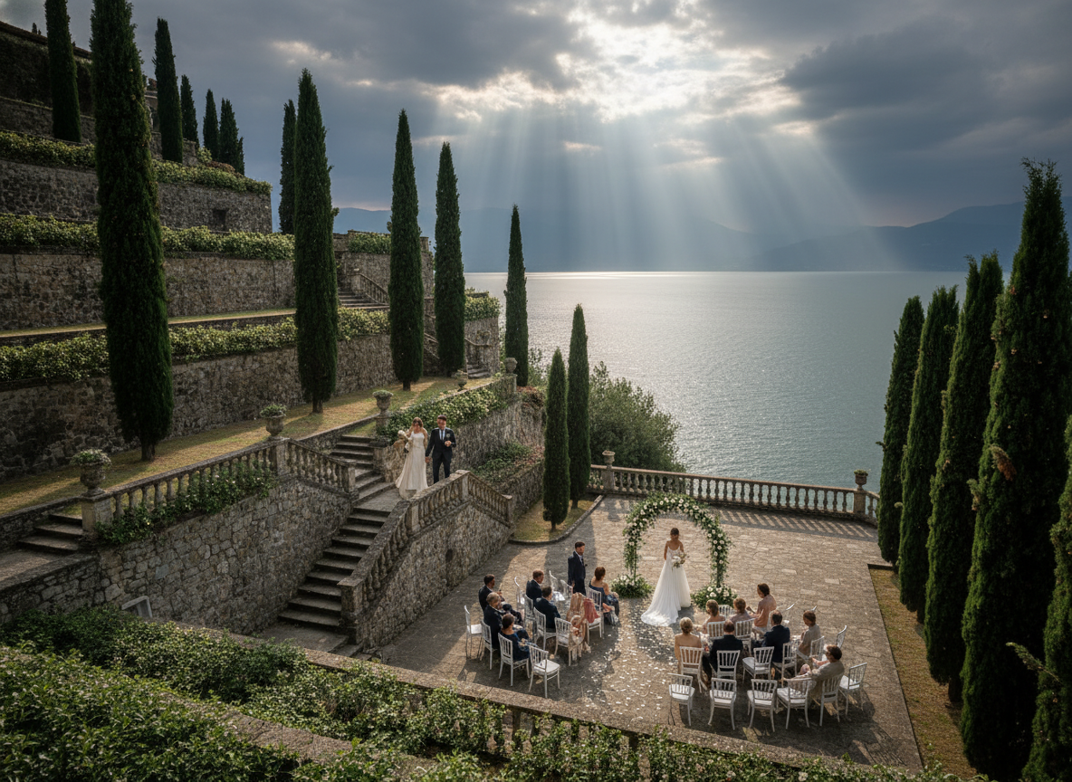 Villa Cipressi terraced gardens descending to Lake Como with ceremony terrace