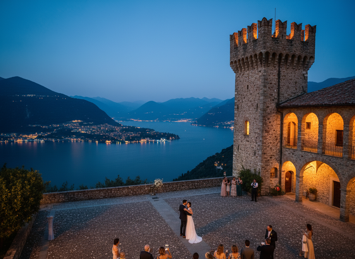 Castello di Vezio aerial view above Varenna with Lake Como panorama