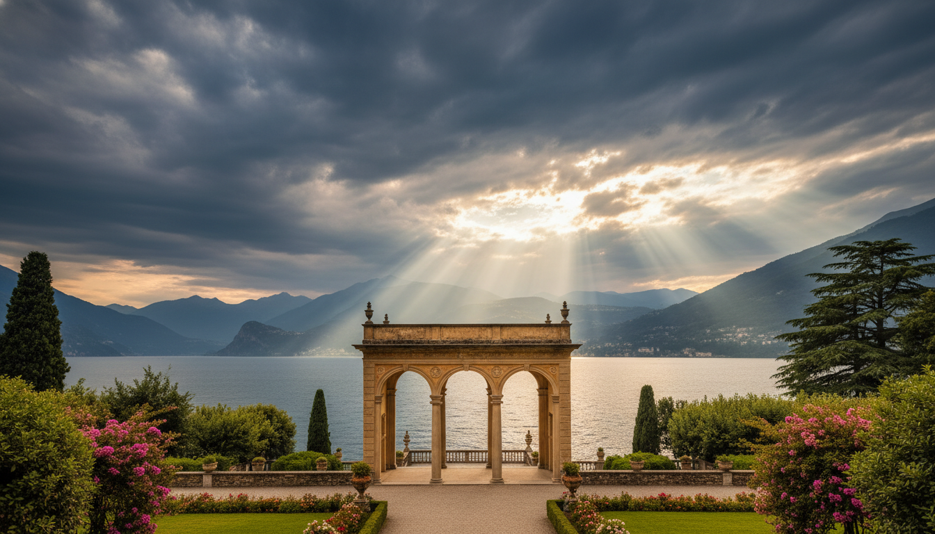Villa del Balbianello Loggia Durini at golden hour with Lake Como and mountains behind