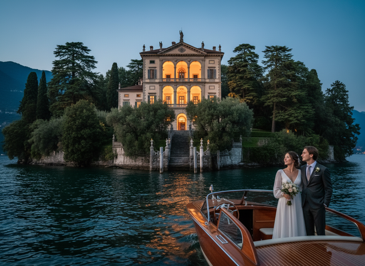 Villa del Balbianello from the lake showing the Lavedo peninsula and boat approach