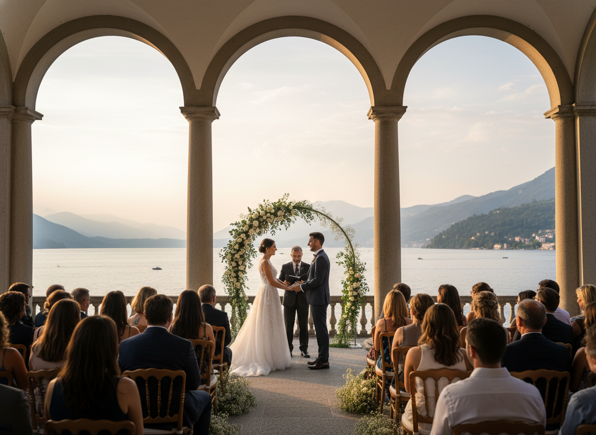 Wedding ceremony setup under the Loggia Durini at Villa del Balbianello for 40 guests