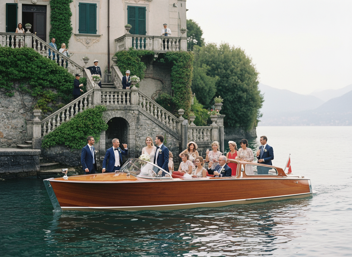 Private water taxi approaching Villa del Balbianello dock with wedding guests